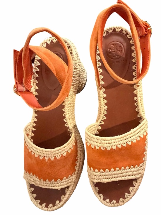 Tory Burch Shoes - Tory Burch Orange Suede Espadrille Wedge Sandals with Ankle Strap